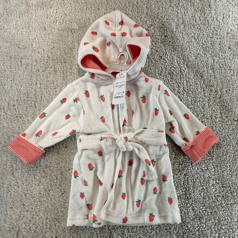Carters Just One You Baby Strawberry Hooded Robe White Red 0-9M 1S201110 NWT